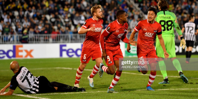 Myron Boadu celebrates Europa League goal against Partizan Belgrad