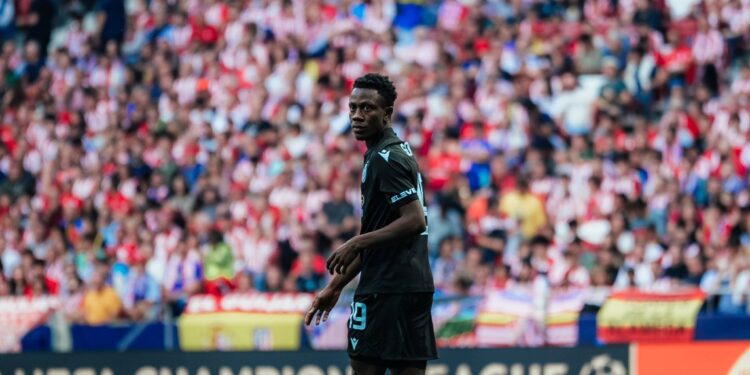 Kamal Sowah reacts after being sent off in Club Brugge Champions League draw vs Atletico Madrid