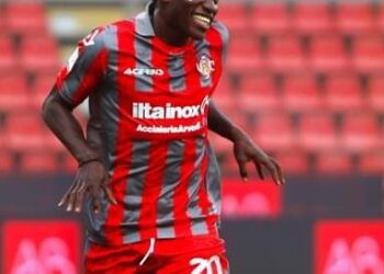 Felix Afena-Gyan reacts after netting his first goal for Cremonese