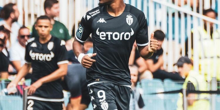Myron Boadu reacts to his first goal of the season for Monaco