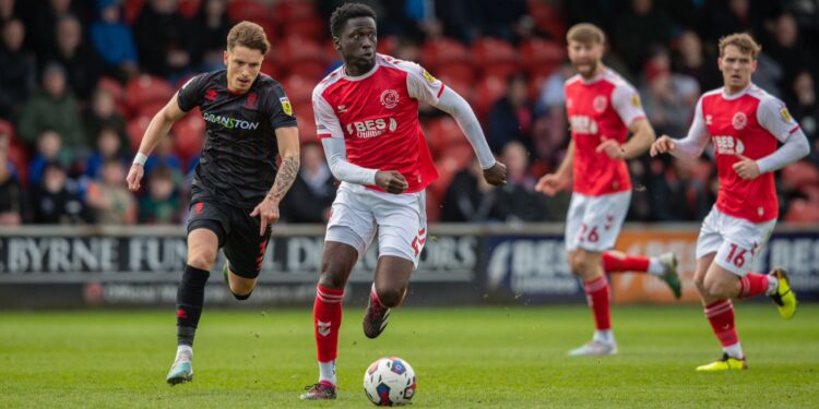 Ghanaian midfielder Brendan Wiredu reacts after Fleetwood Town win against Lincoln City