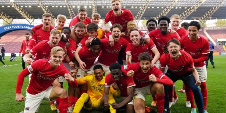 Ghanaian prospect Ernest Poku reacts after winning 2023 UEFA Youth League with AZ Alkmaar