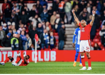 Andre Ayew reacts after Nottingham Forest big win against Brighton