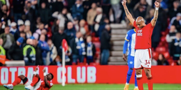 Andre Ayew reacts after Nottingham Forest big win against Brighton