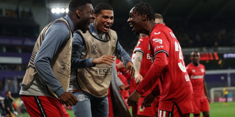 Ghanaian defender Jeremie Frimpong scores as Leverkusen whip St Gilliose to reach Europa League semis