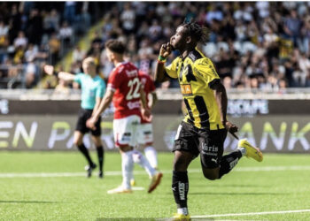 Ghanaian forward Ibrahim Sadiq reacts after scoring on injury return for BK Hacken
