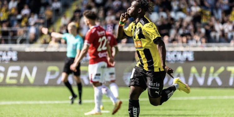 Ghanaian forward Ibrahim Sadiq reacts after scoring on injury return for BK Hacken