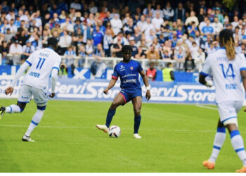 Ghanaian defender Alidu Seidu reacts to Clermont Foot draw against Auxerre