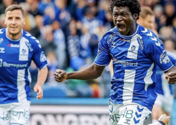 Ghanaian winger Christopher Bonsu Baah reacts after netting debut goal for Sarpsborg in Norway