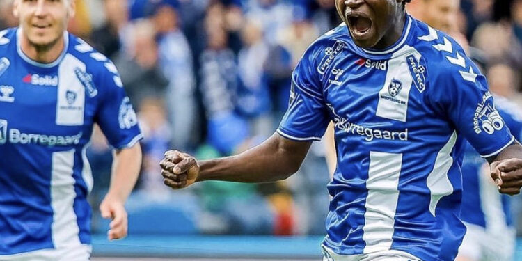 Ghanaian winger Christopher Bonsu Baah reacts after netting debut goal for Sarpsborg in Norway