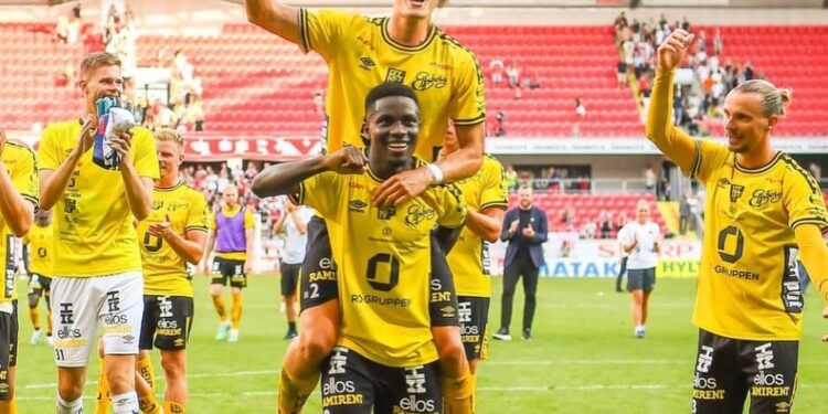 Ghanaian midfielder Michael Baidoo reacts to Elfsborg crucial away win at Kalmar FF