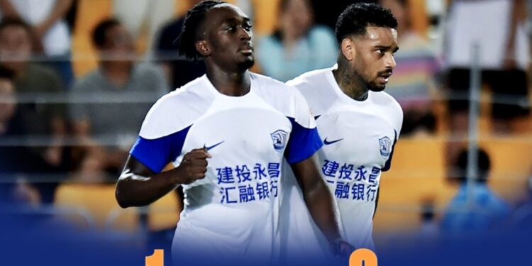 Ghanaian forward Deabeas Owusu Sekyere scores winner for Cangzhou at Nantong Zhiyun in Chinese Super League