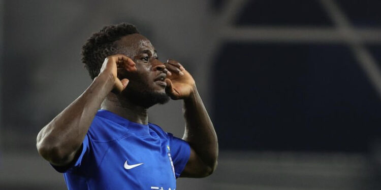 Ghanaian forward Abdul Aziz Yakubu reacts after scoring in Wuhan Three Towns win over Henan FC