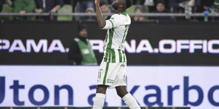 Kwabena Owusu reacts after scoring in Ferencvaros UEFA Europa Conference League victory