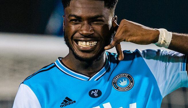 Ghanaian forward Patrick Agyemang reacts to Charlotte win over Houston Dynamo