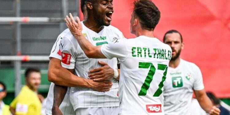 Ghanaian defender Kofi Schulz finds the back of the net for WSG Tirol against Austria Lustenau