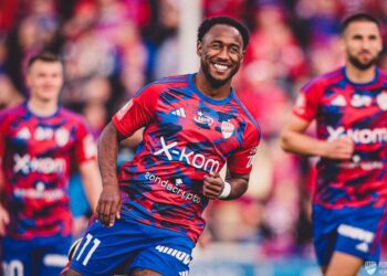 Ghanaian attacker John Yeboah scores in Raków Częstochowa’s win over Radomiak Radom in Poland
