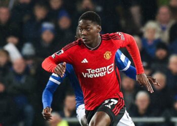 Ghanaian young midfielder Kobbie Mainoo reacts to Manchester United’s away win over Everton