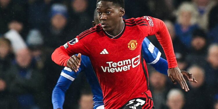 Ghanaian young midfielder Kobbie Mainoo reacts to Manchester United’s away win over Everton