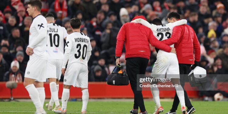 Ghanaian Forward Ibrahim Mustapha suffers injury in LASK Linz’s Europa League defeat to Liverpool