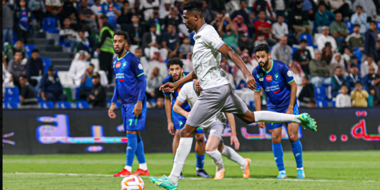 Ghana midfielder Bernard Mensah reacts after firing Al Tai to victory in Saudi Professional League