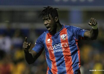 Ghanaian forward Samuel Obeng scores in SD Huesca’s 2-0 win over FC Andorra in Spanish La Liga 2