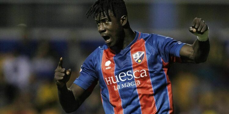 Ghanaian forward Samuel Obeng scores in SD Huesca’s 2-0 win over FC Andorra in Spanish La Liga 2