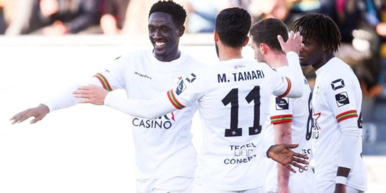 Ghanaian forward Nathan Opoku scores for Oud-Hervelee Leuven in Belgium Jupiler Pro League