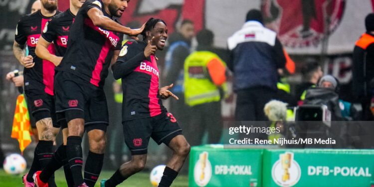 Ghanaian defender Jeremie Frimpong scores for Bayer Leverkusen in German Cup semifinal win over Fortuna Düsseldorf