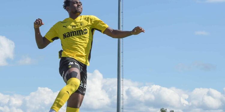 Ghanaian defender Jamaldeen Haruna scores in Raufoss’ big win over Egersund in Norway