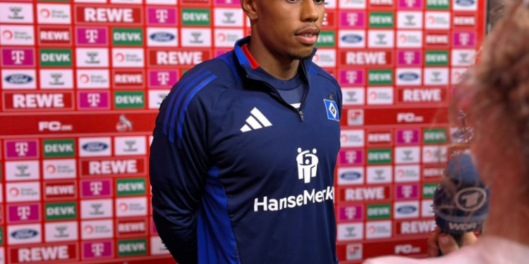 Ghanaian forward Ransford-Yeboah Königsdörffer reacts after his brace sealed Hamburger SV’s victory against FC Köln