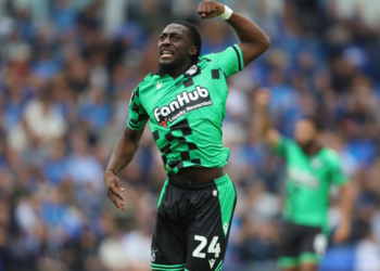 Ghanaian attacker Galtin O’Donkor reacts after scoring debut goal for Bristol Rovers against Peterborough