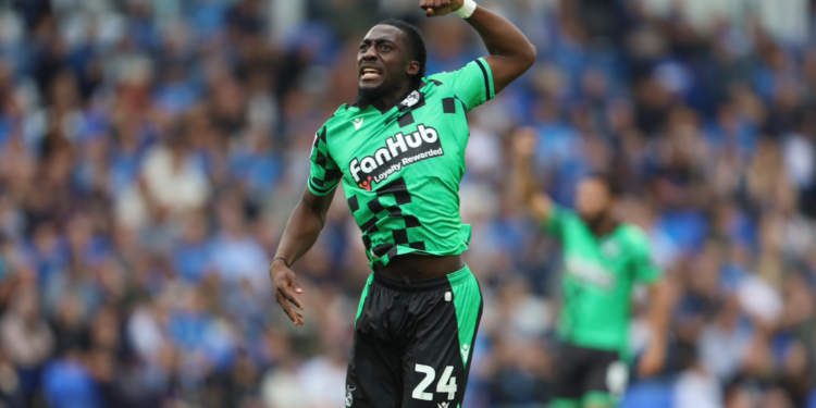Ghanaian attacker Galtin O’Donkor reacts after scoring debut goal for Bristol Rovers against Peterborough
