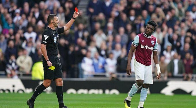 Ghana star Mohammed Kudus scores but sent off after losing temper in West Ham defeat to Tottenham